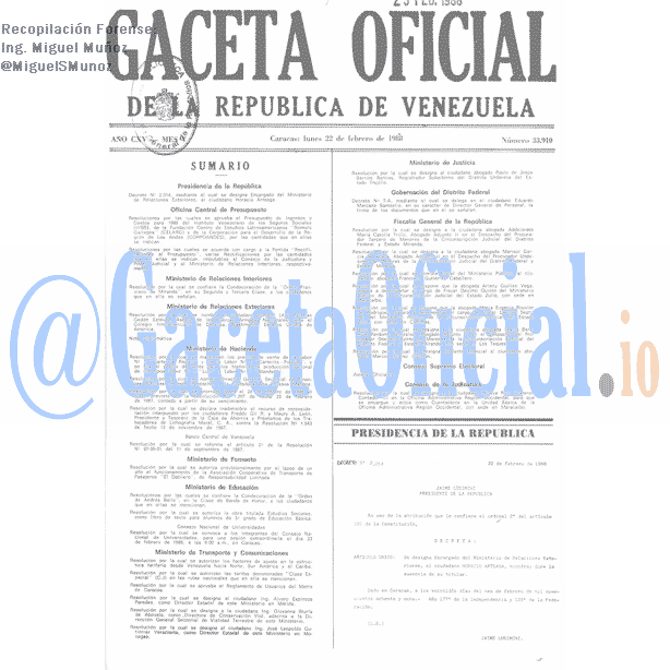 Gaceta Oficial 33910 del 22 Febrero 1988