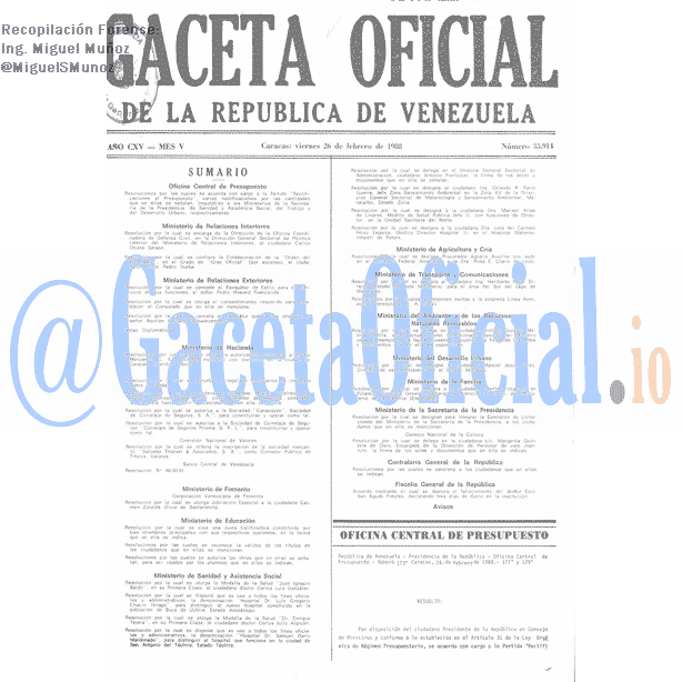 Gaceta Oficial 33914 del 26 Febrero 1988