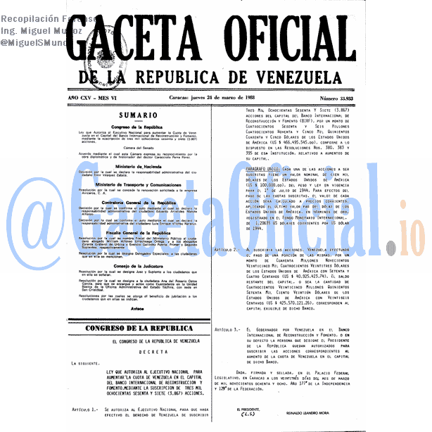 Gaceta Oficial 33933 del 24 Marzo 1988