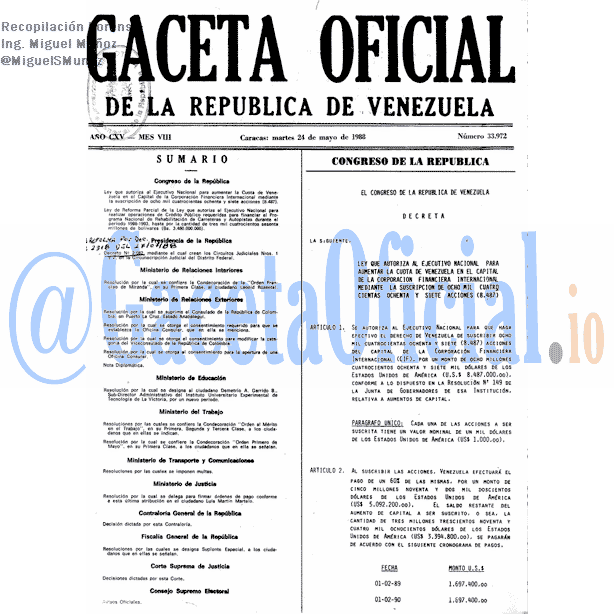 Gaceta Oficial 33972 del 24 Mayo 1988