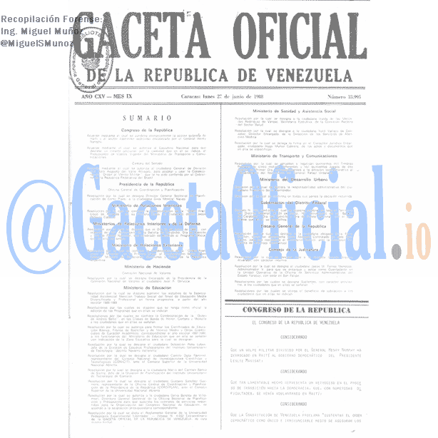 Gaceta Oficial 33995 del 27 Junio 1988