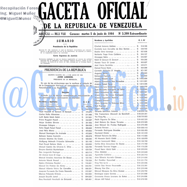 Gaceta Oficial 3399 del 5 Junio 1984