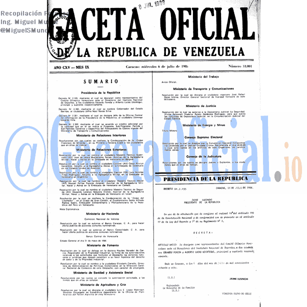 Gaceta Oficial 34001 del 6 Julio 1988