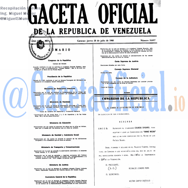 Gaceta Oficial 34017 del 28 Julio 1988