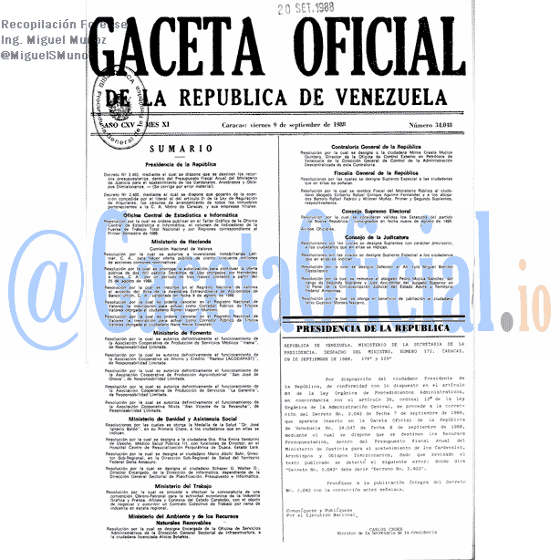 Gaceta Oficial 34048 del 9 Septiembre 1988