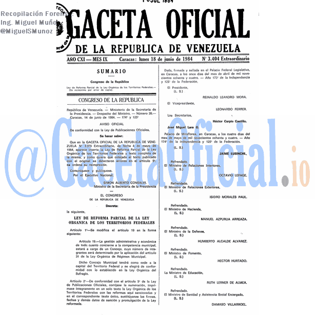 Gaceta Oficial 3404 del 18 Junio 1984
