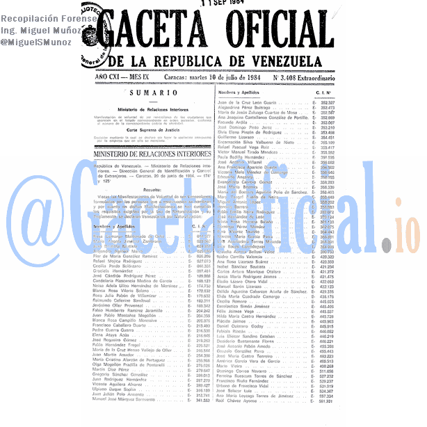 Gaceta Oficial 3408 del 10 Julio 1984