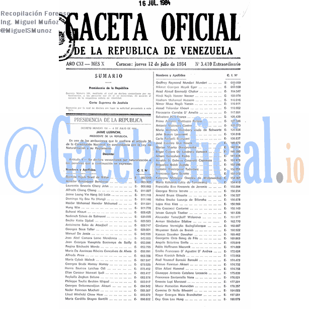 Gaceta Oficial 3410 del 12 Julio 1984