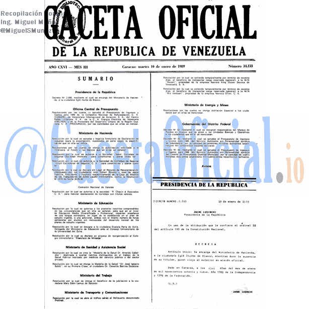 Gaceta Oficial 34133 del 10 Enero 1989