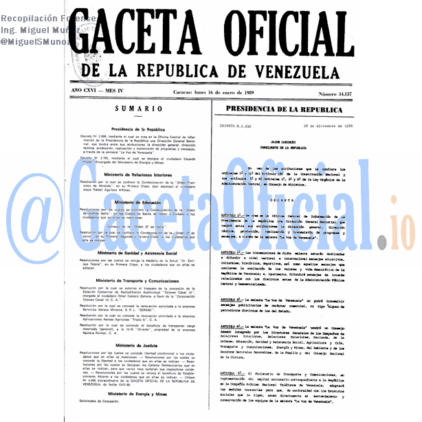 Gaceta Oficial 34137 del 16 Enero 1989