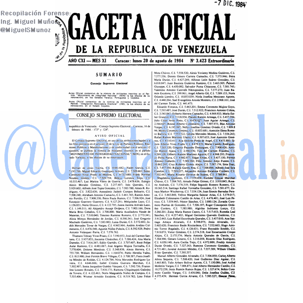 Gaceta Oficial 3423 del 20 Agosto 1984