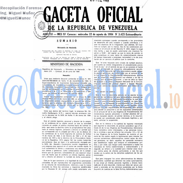 Gaceta Oficial 3425 del 22 Agosto 1984