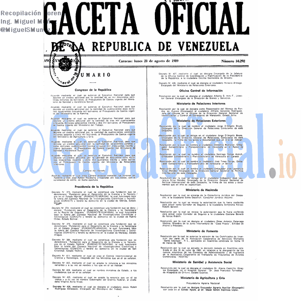 Gaceta Oficial 34292 del 28 Agosto 1989