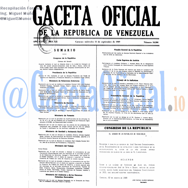 Gaceta Oficial 34304 del 13 Septiembre 1989