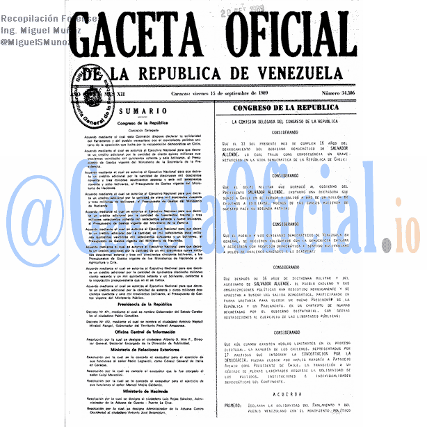 Gaceta Oficial 34306 del 15 Septiembre 1989