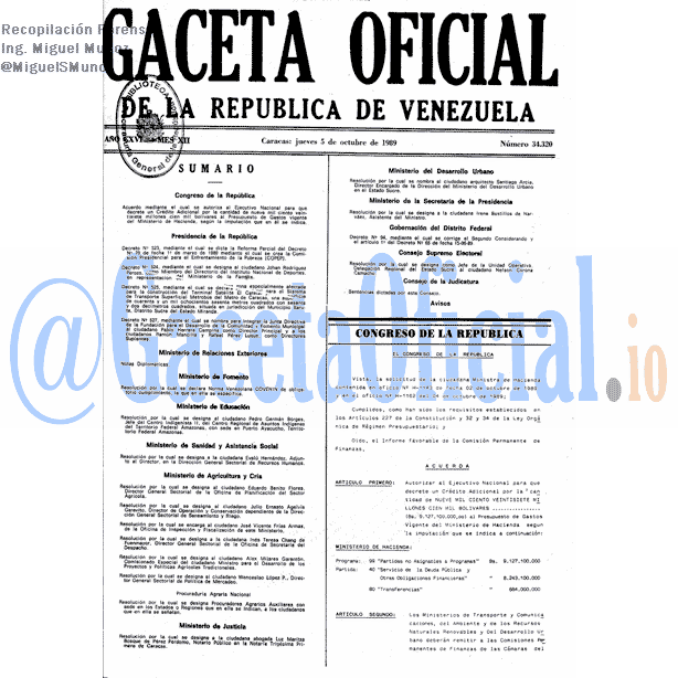 Gaceta Oficial 34320 del 5 Octubre 1989
