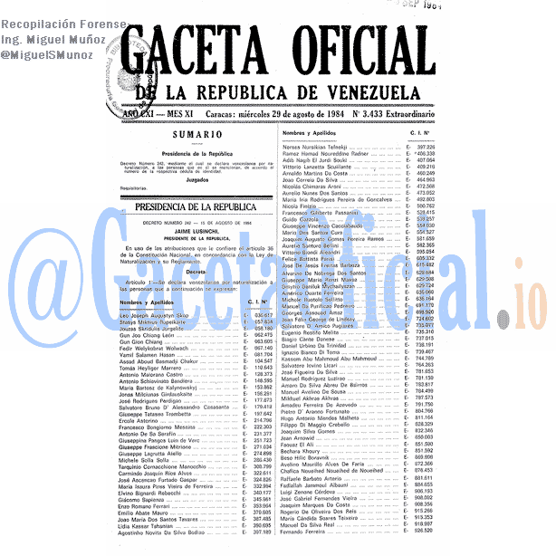 Gaceta Oficial 3433 del 29 Agosto 1984