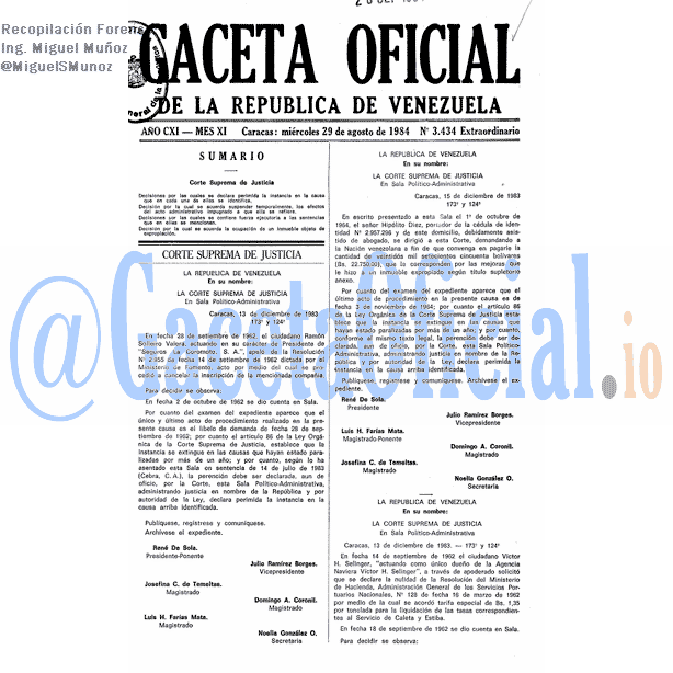 Gaceta Oficial 3434 del 29 Agosto 1984