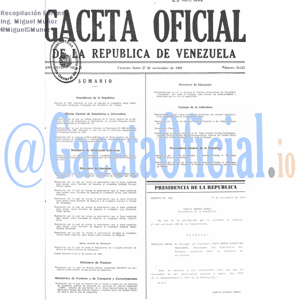 Gaceta Oficial 34355 del 27 Noviembre 1989