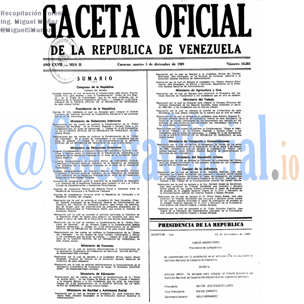 Gaceta Oficial 34361 del 5 Diciembre 1989