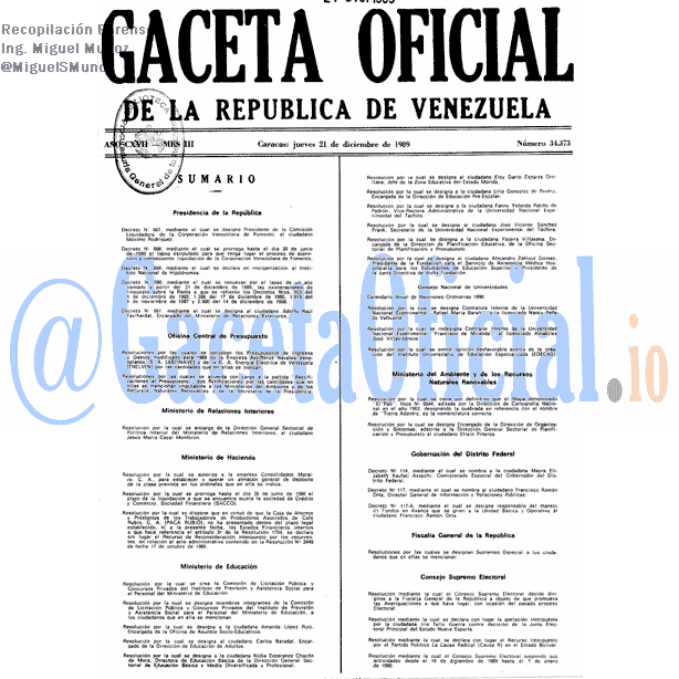 Gaceta Oficial 34373 del 21 Diciembre 1989