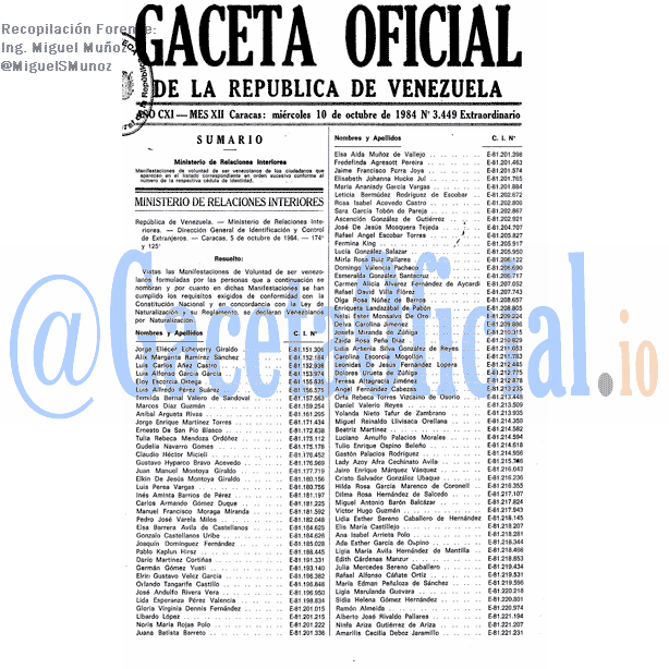 Gaceta Oficial 3449 del 10 Octubre 1984