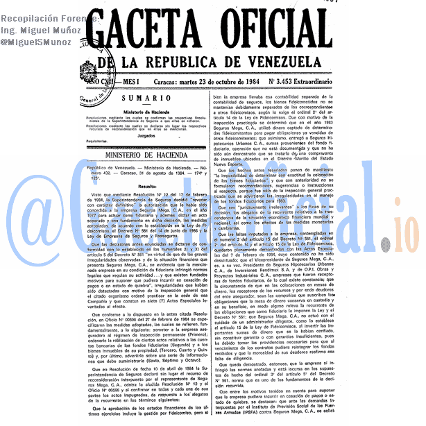 Gaceta Oficial 3453 del 23 Octubre 1984