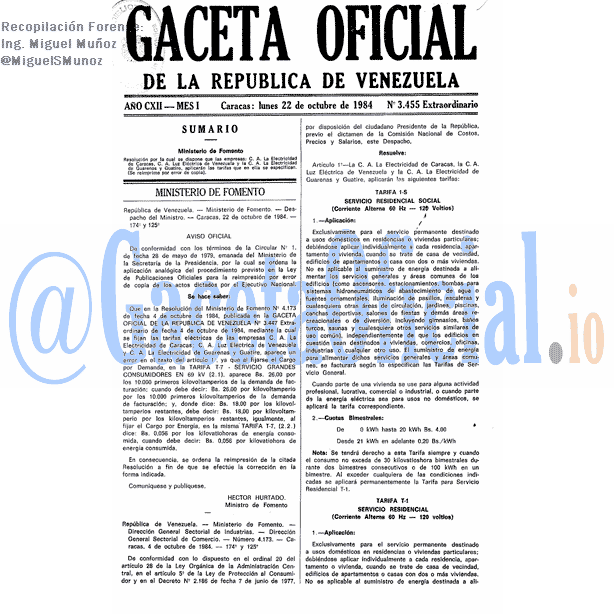 Gaceta Oficial 3455 del 22 Octubre 1984