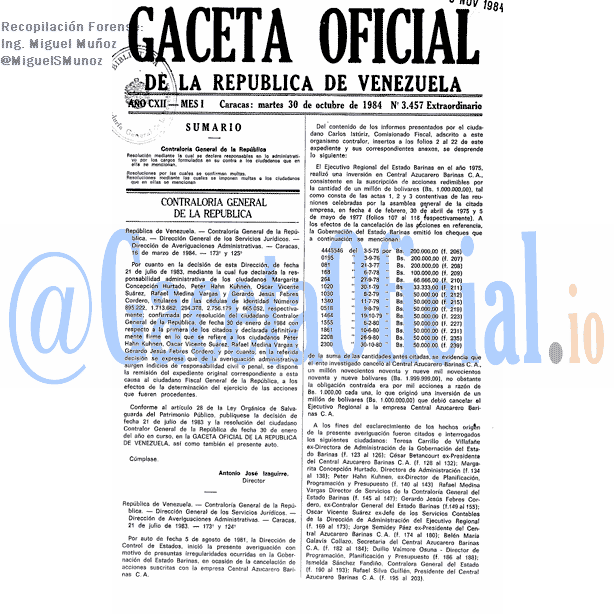 Gaceta Oficial 3457 del 30 Octubre 1984