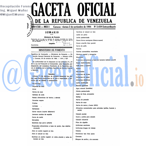 Gaceta Oficial 3459 del 2 Noviembre 1984