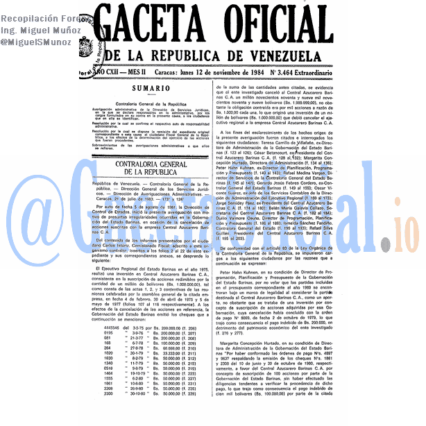 Gaceta Oficial 3464 del 12 Noviembre 1984
