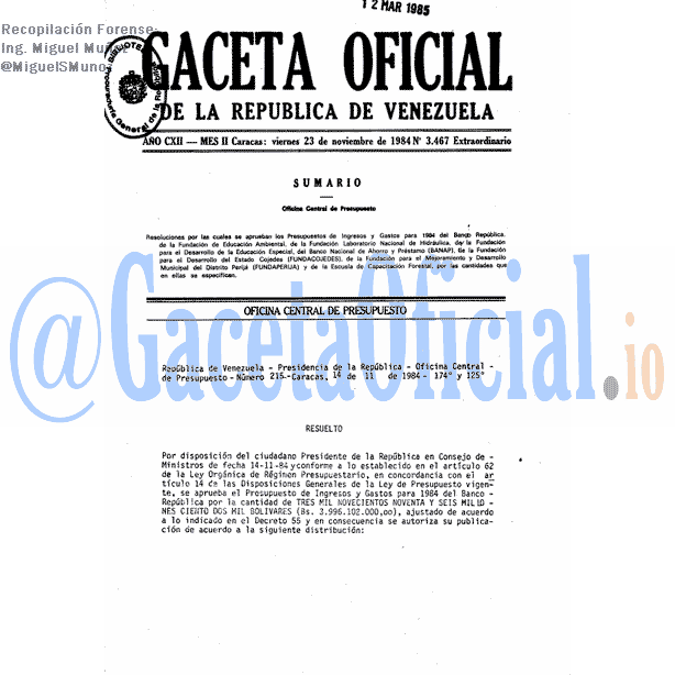 Gaceta Oficial 3467 del 23 Noviembre 1984
