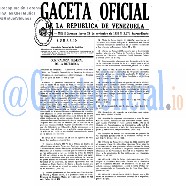 Gaceta Oficial 3474 del 22 Noviembre 1984