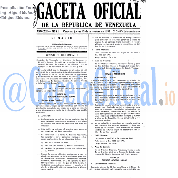 Gaceta Oficial 3475 del 29 Noviembre 1984