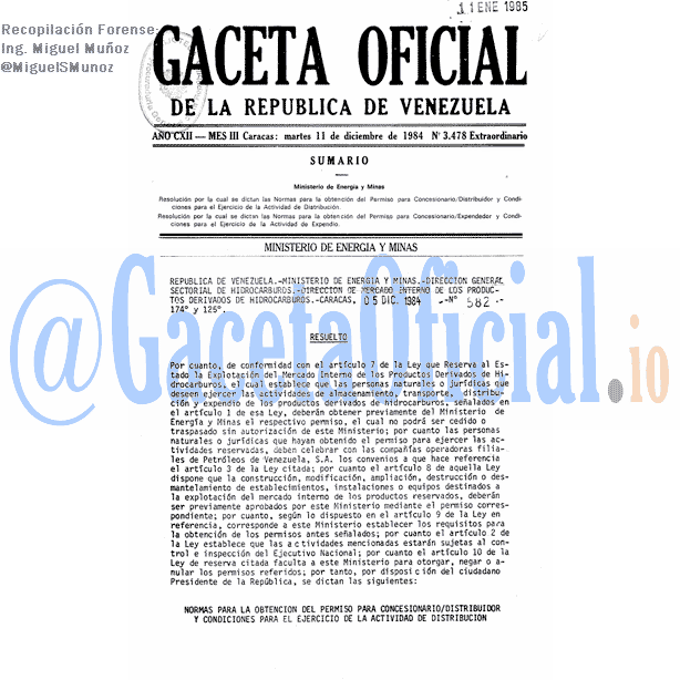 Gaceta Oficial 3478 del 11 Diciembre 1984