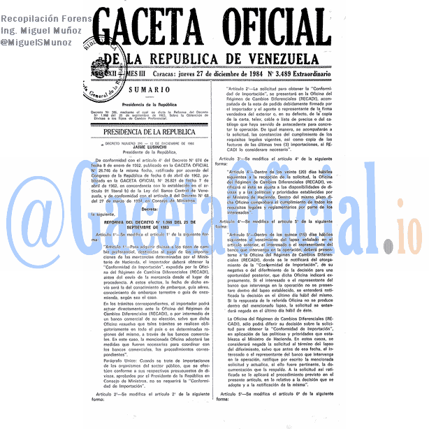 Gaceta Oficial 3489 del 27 Diciembre 1984