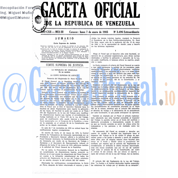 Gaceta Oficial 3496 del 7 Enero 1985