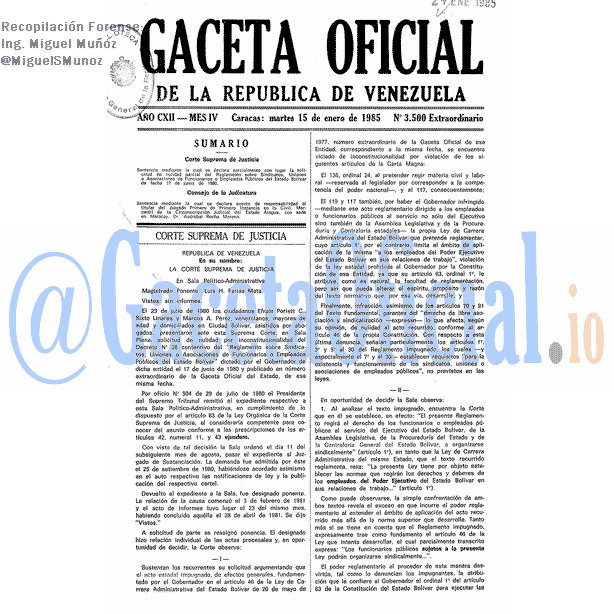 Gaceta Oficial 3500 del 15 Enero 1985