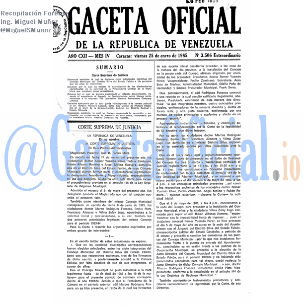 Gaceta Oficial 3506 del 25 Enero 1985