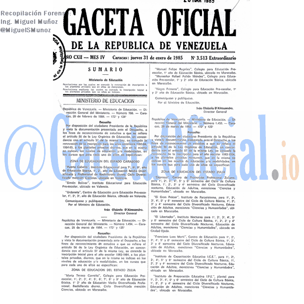 Gaceta Oficial 3513 del 31 Enero 1985