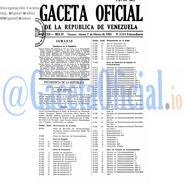 Gaceta Oficial 3514 del 1 Febrero 1985