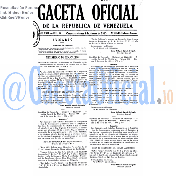 Gaceta Oficial 3515 del 8 Febrero 1985