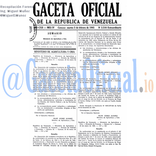 Gaceta Oficial 3516 del 5 Febrero 1985