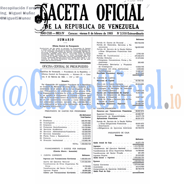 Gaceta Oficial 3518 del 8 Febrero 1985