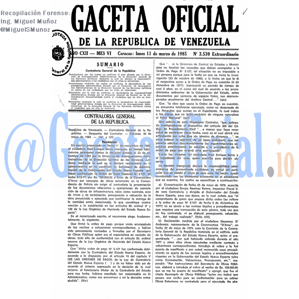 Gaceta Oficial 3530 del 11 Marzo 1985