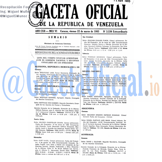 Gaceta Oficial 3536 del 22 Marzo 1985