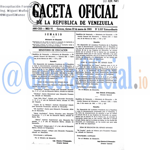 Gaceta Oficial 3537 del 22 Marzo 1985