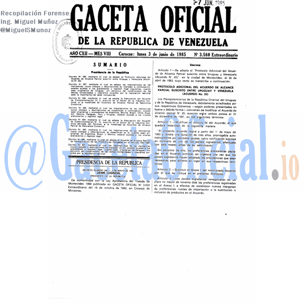 Gaceta Oficial 3560 del 3 Junio 1985
