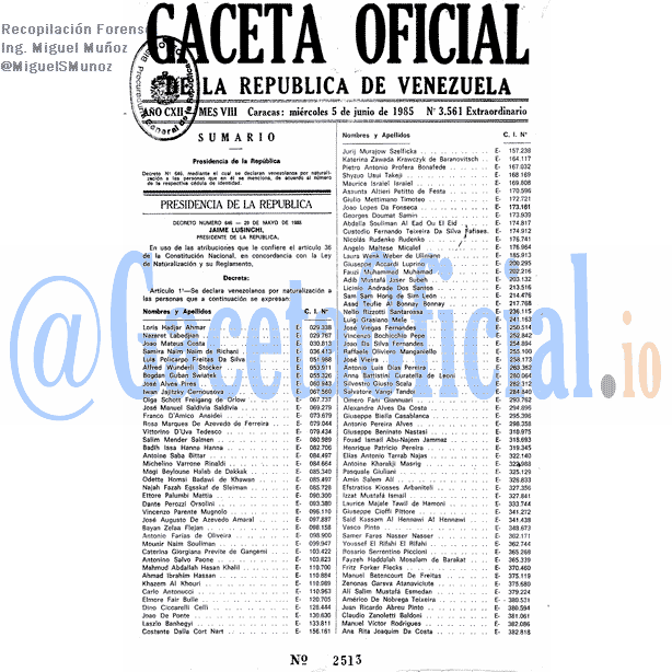Gaceta Oficial 3561 del 5 Junio 1985
