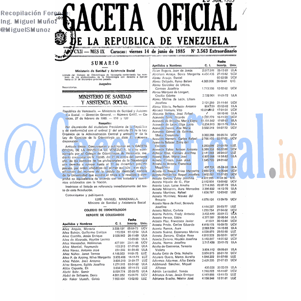 Gaceta Oficial 3563 del 14 Junio 1985